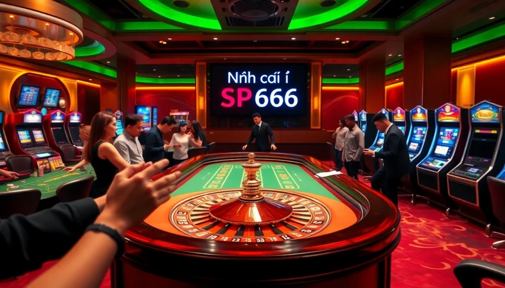 Experience the thrill of Nhà cái SP666 with players at a bustling casino, enjoying roulette and vibrant slot machines.