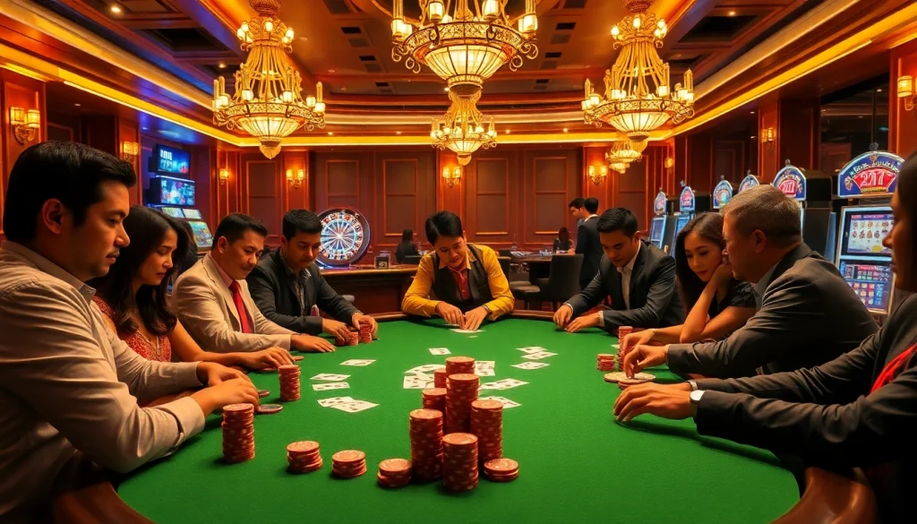 Experience the thrill of Nhà cái SP666 with an upscale poker game showcasing players enjoying a luxurious casino atmosphere.