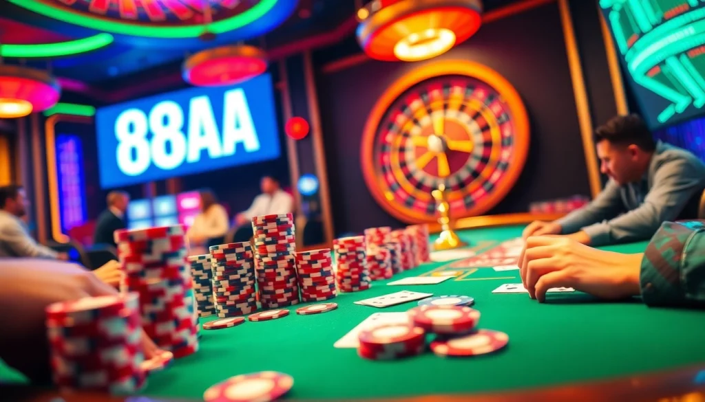 Experience exhilarating gameplay at 88AA's poker table with vibrant chips and action-oriented cards.