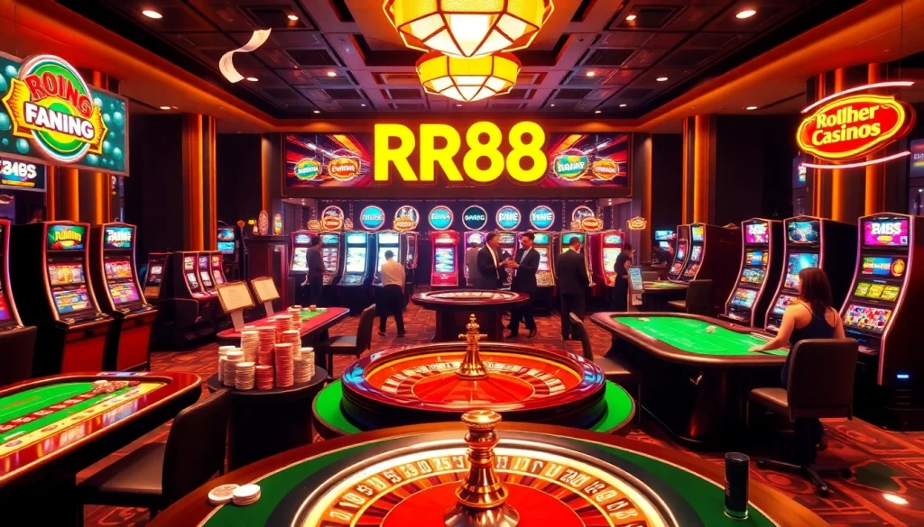 Experience the thrill of RR88 with an immersive online casino scene, featuring vibrant tables and action-packed gaming.
