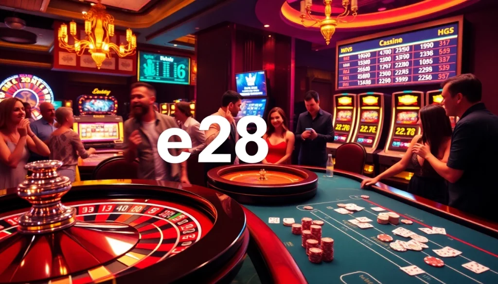 Engaging players enjoy a casino atmosphere with vibrant lights, featuring e28 betting odds on a digital screen.