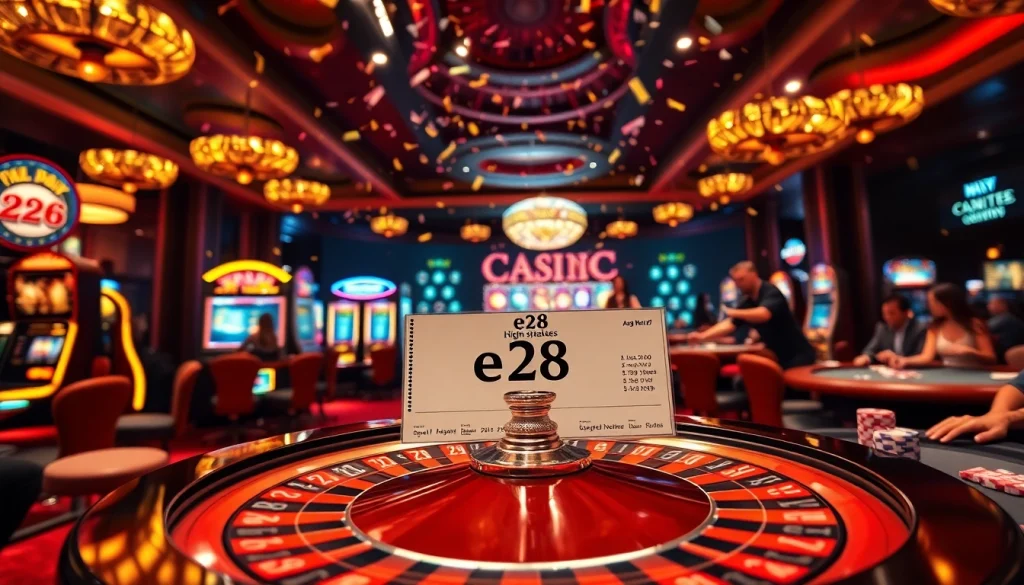 The glamorous e28 casino setting with players excitedly betting at roulette and poker tables, showcasing vibrant slot machines.