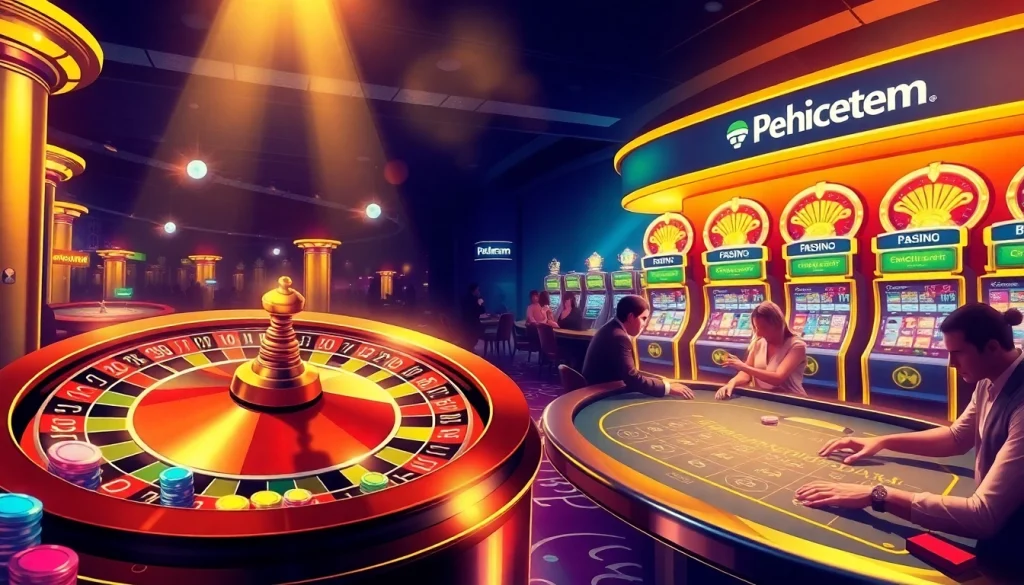 Phdream Casino scene featuring an exciting roulette wheel, vibrant slot machines, and players at a blackjack table.
