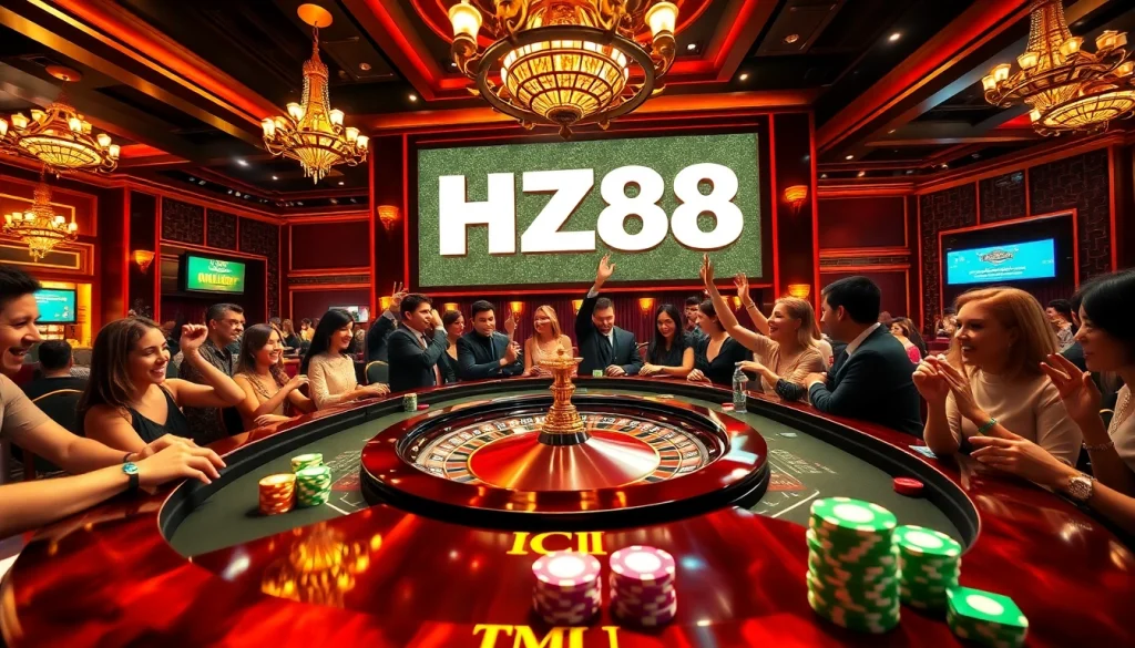 HZ88 casino scene with players enjoying roulette at a luxurious table.