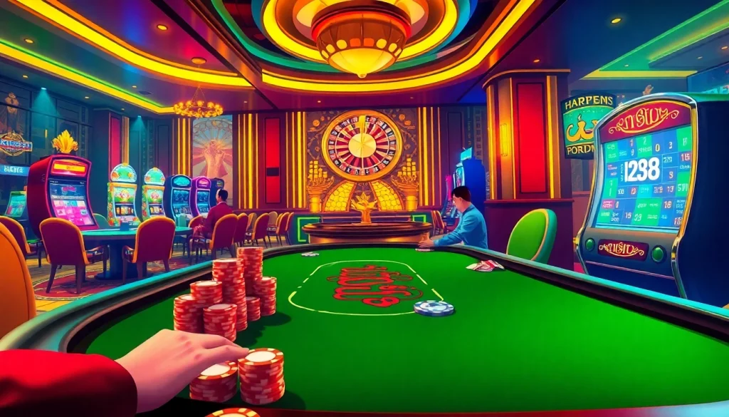 Experience high-stakes gambling at https://hz88.my/ with vibrant poker tables and flashing slot machines.