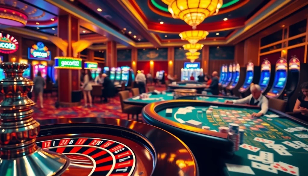 Experience gacor123 gaming excitement at lively casino tables with poker chips and a roulette wheel.